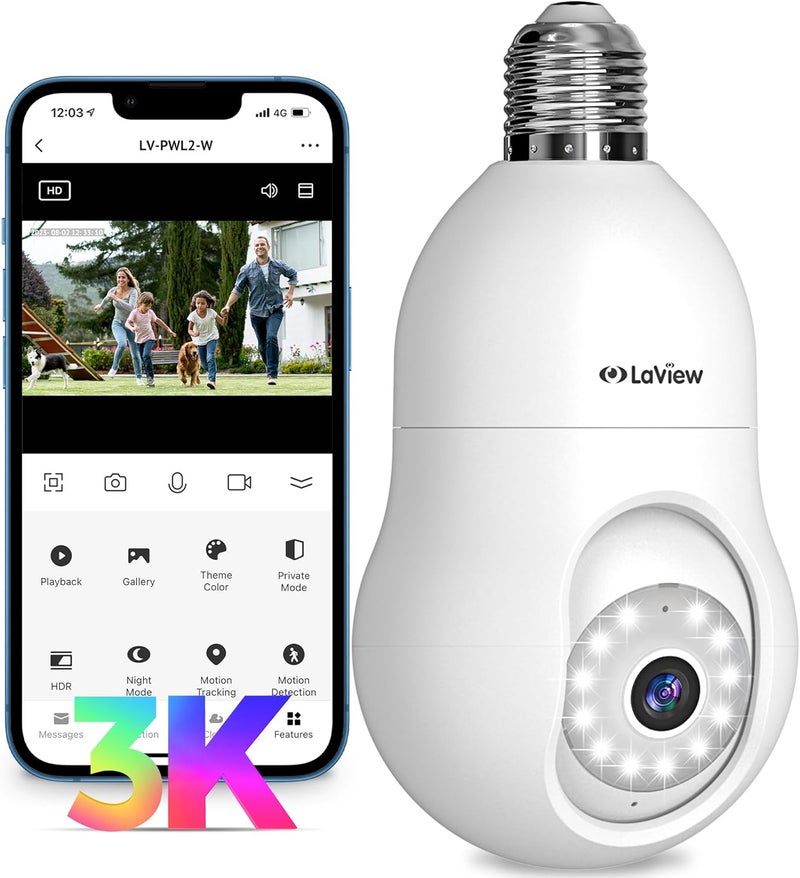 LaView كاميرا أمان لمبة 5MP QHD 2.4GHz، 360° كاميرات أمان 3K لاسلكية داخلية وخارجية ملونة بالكامل نهاراً وليلاً، كشف حركة بالذكاء الاصطناعي، إنذار مسموع، تركيب سهل، متوافقة مع أليكسا - Image 1